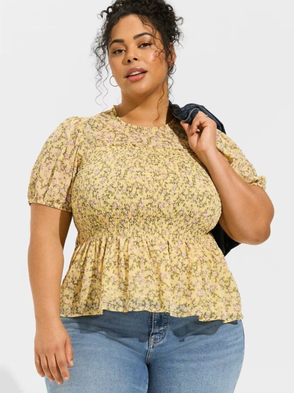 Torrid 3X Yellow Floral Chiffon Smocked Mock Neck Top
